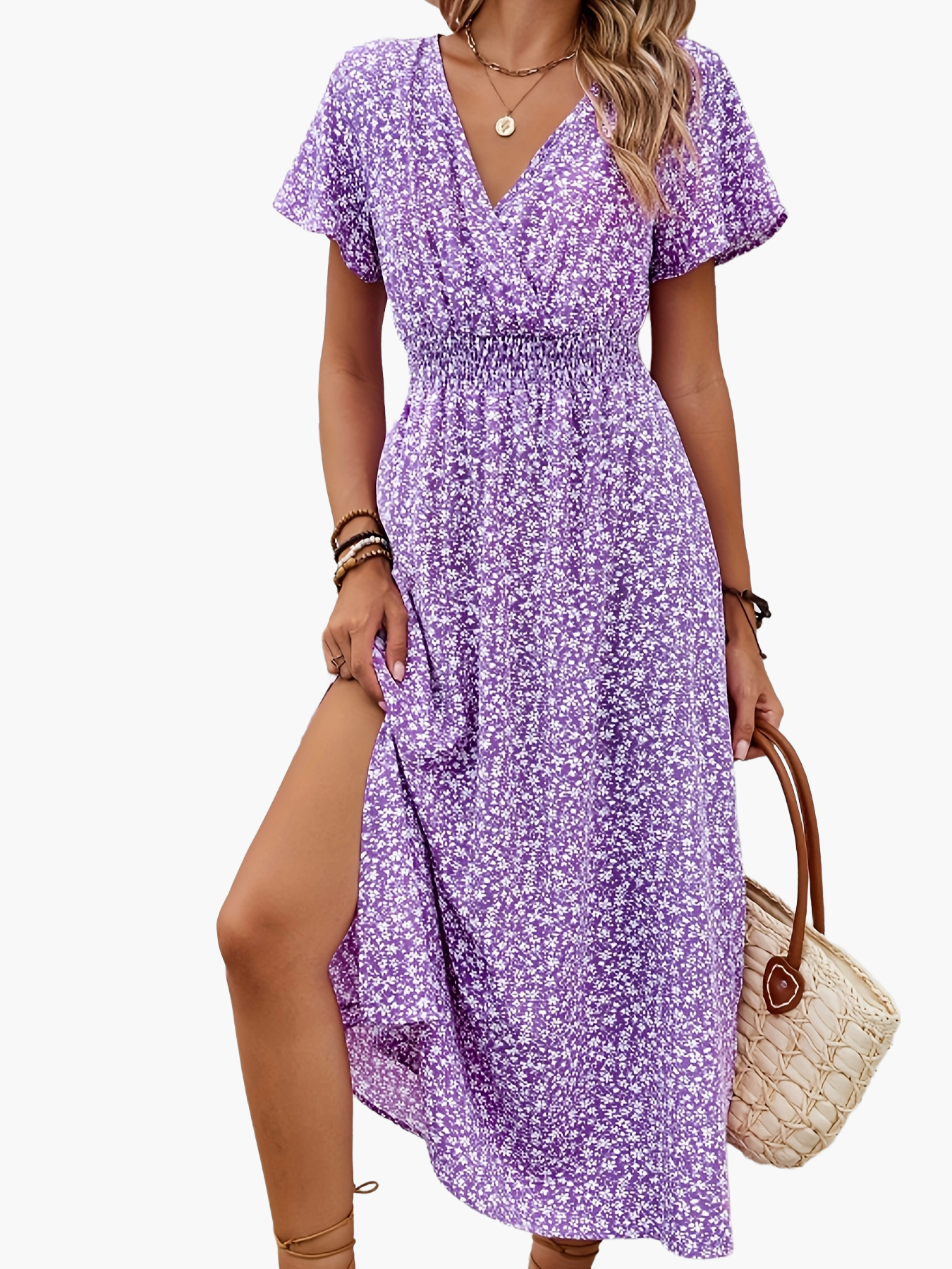 Damen Sommerkleid Elegant mit V-Ausschnitt und Blumenmuster – Perfekt für Freizeit, Urlaub und Alltag