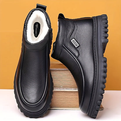 Men's black winter boots, lined, with a zipper and lug sole