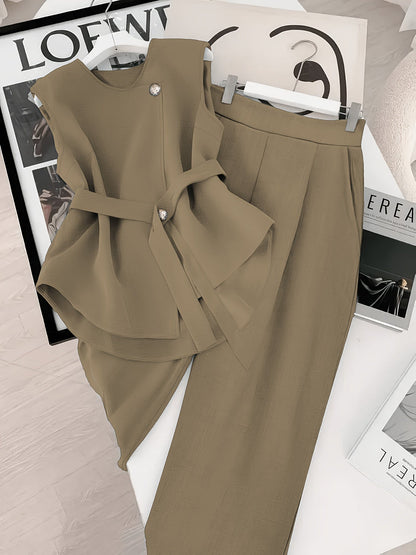 Women's Two-Piece Set – Elegant Business Outfit with Wrap Top and Wide Pants – Modern Office & Occasion Ensemble
