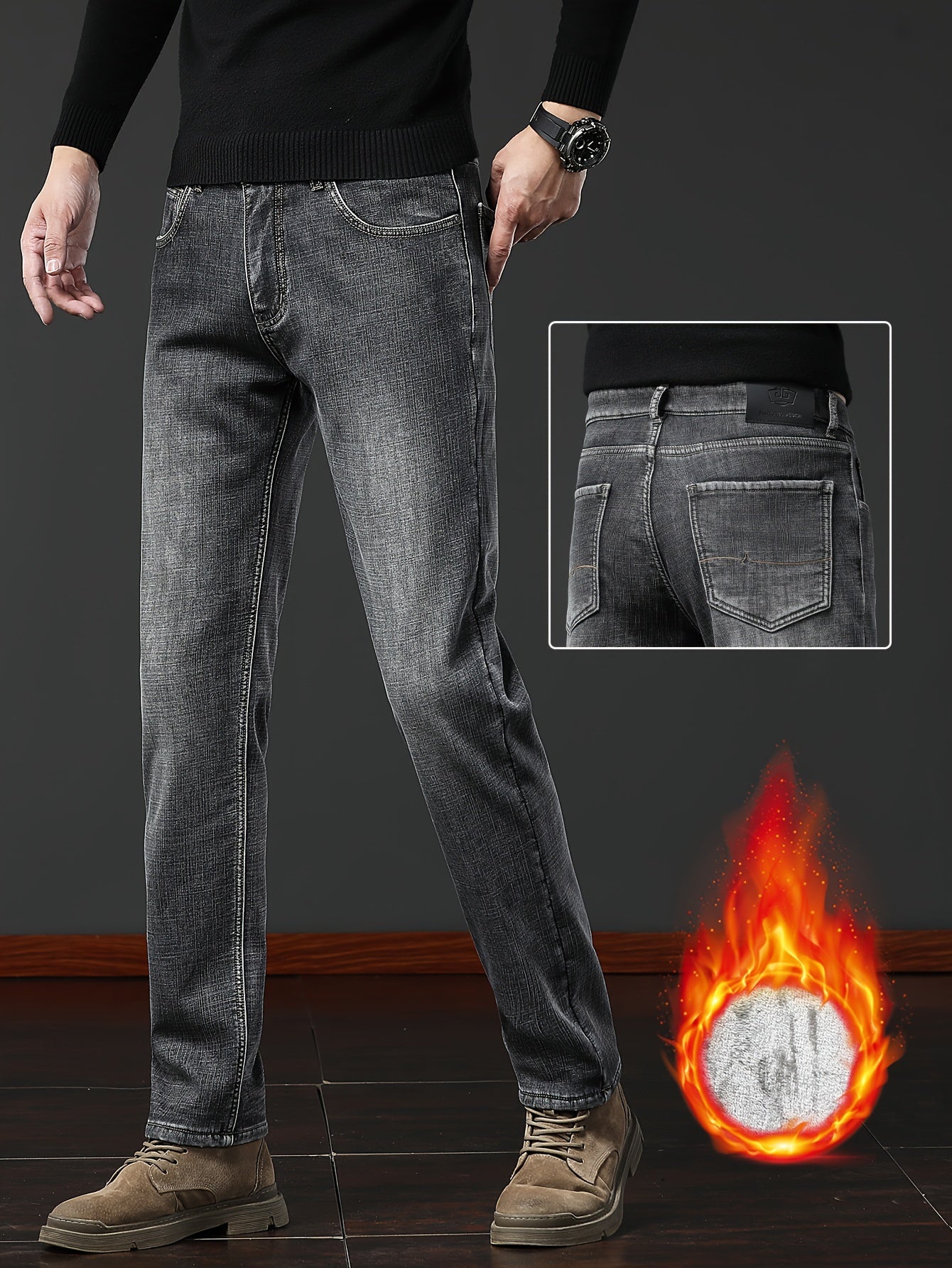 Herren Winter Jeans Thermojeans gefüttert gerade Schnitt mit Fleecefutter Blau Grau
