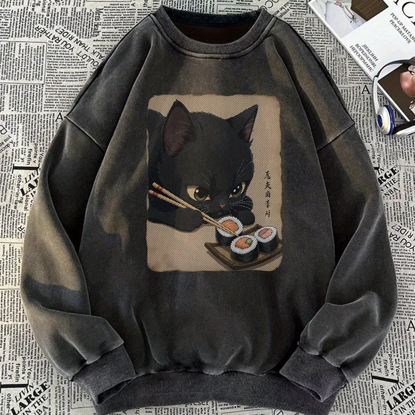 Unisex sweatshirt with cat sushi design, crew neck, long sleeves