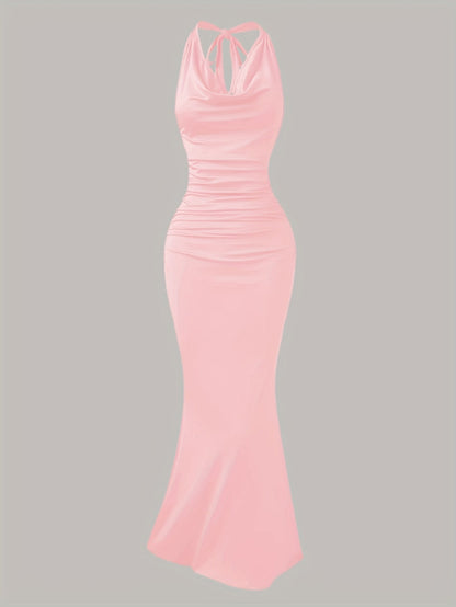 Women's evening dress with cowl neckline and back tie – elegant maxi dress for festive occasions