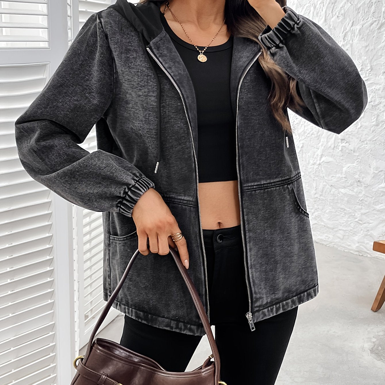 Damen Jacke mit Kapuze und Reißverschluss, Washed-Effekt Grau, Elastische Ärmelbündchen
