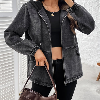 Damen Jacke mit Kapuze und Reißverschluss, Washed-Effekt Grau, Elastische Ärmelbündchen