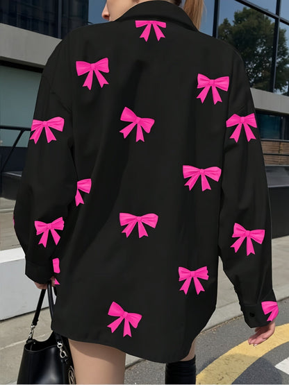 Damen Bluse Schwarz mit Pinken Schleifen-Muster Hemdbluse Locker Geschnitten
