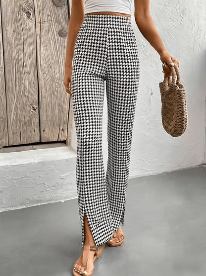 Women's Elegant Houndstooth Flared Pants with Slit – Perfect for Going Out and Everyday Wear