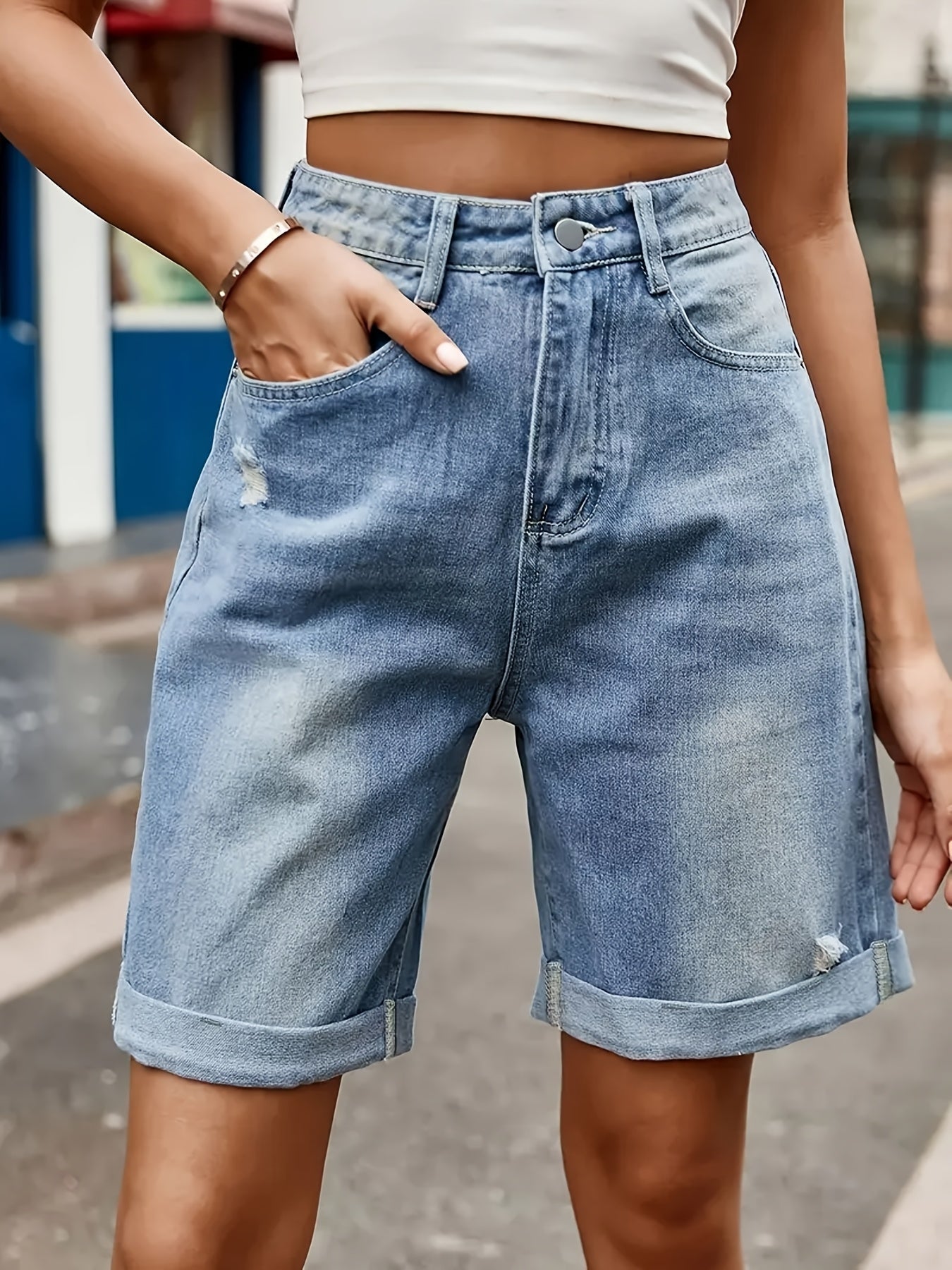 Women's High Waist Jeans Bermuda Shorts in Casual Look for Summer