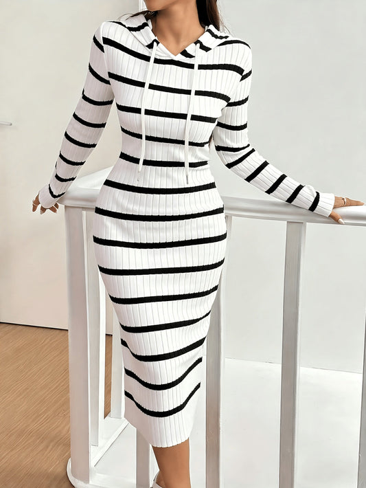 Women's striped midi knit dress with hood and long sleeves