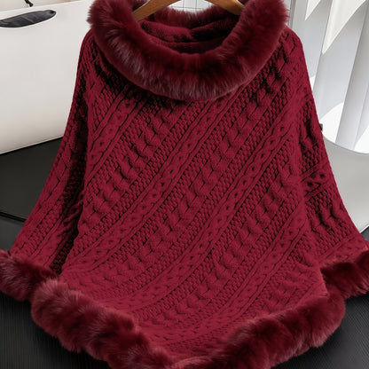 Poncho Damen Strick Zopfmuster mit Kunstpelzbesatz Marineblau