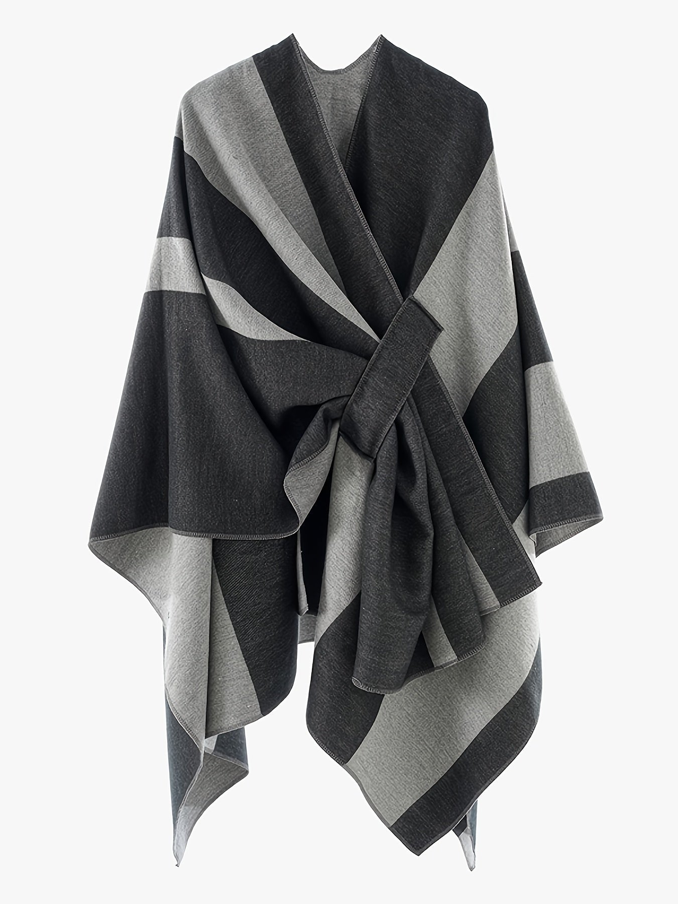 Damen Poncho Zweifarbig Gestreift Weicher Umhang mit V-Ausschnitt