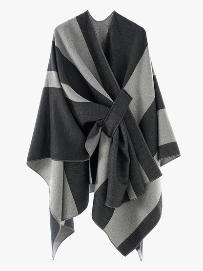 Damen Poncho Zweifarbig Gestreift Weicher Umhang mit V-Ausschnitt