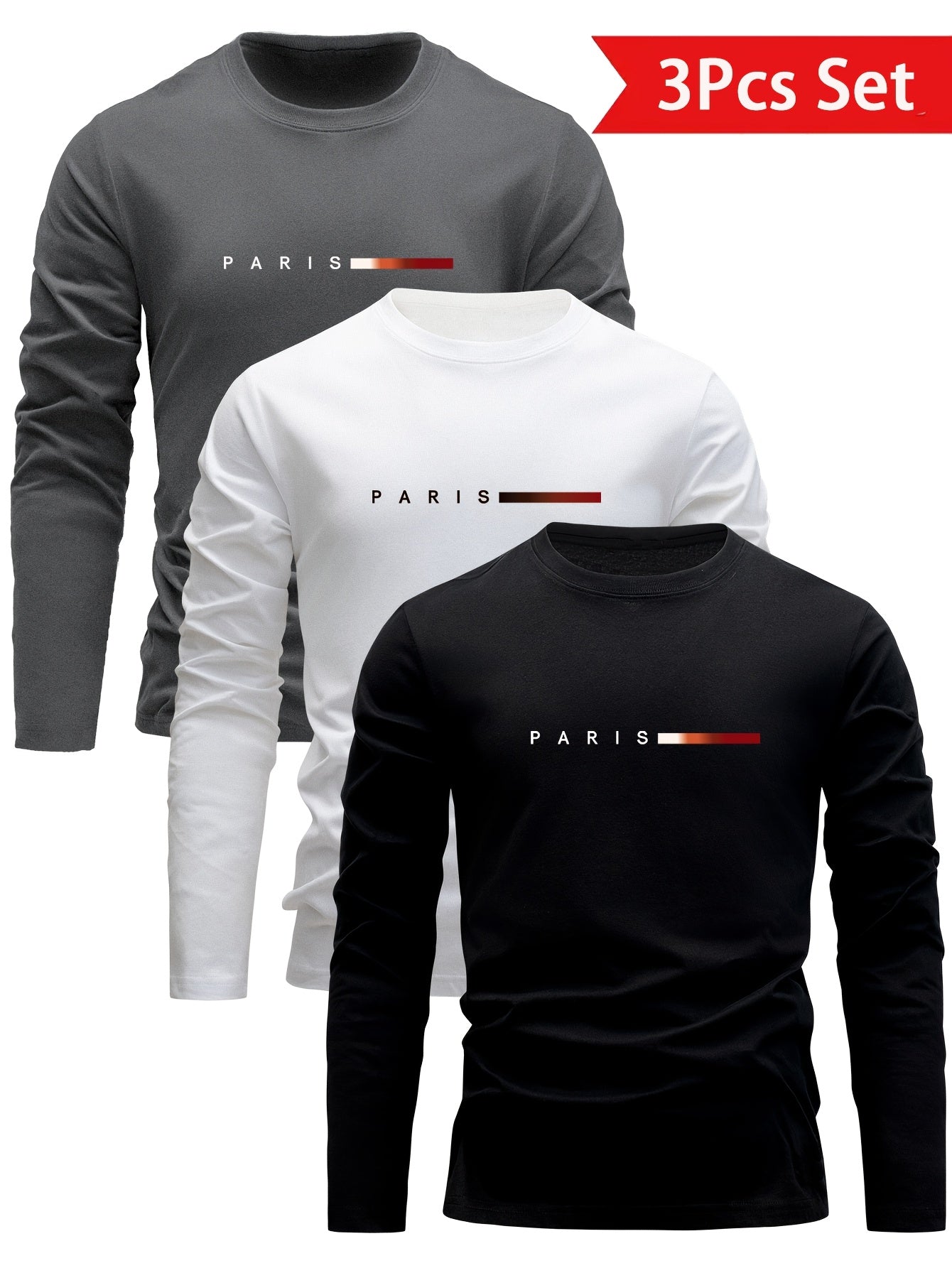 Men's long-sleeve T-shirt 3-piece set "Paris" crew neck