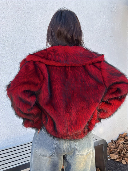 Short faux fur jacket, red and black patterned, with a wide collar