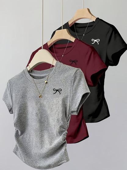 Women's Basic T-Shirt with Bow Embroidery and Ruching – Everyday & Casual