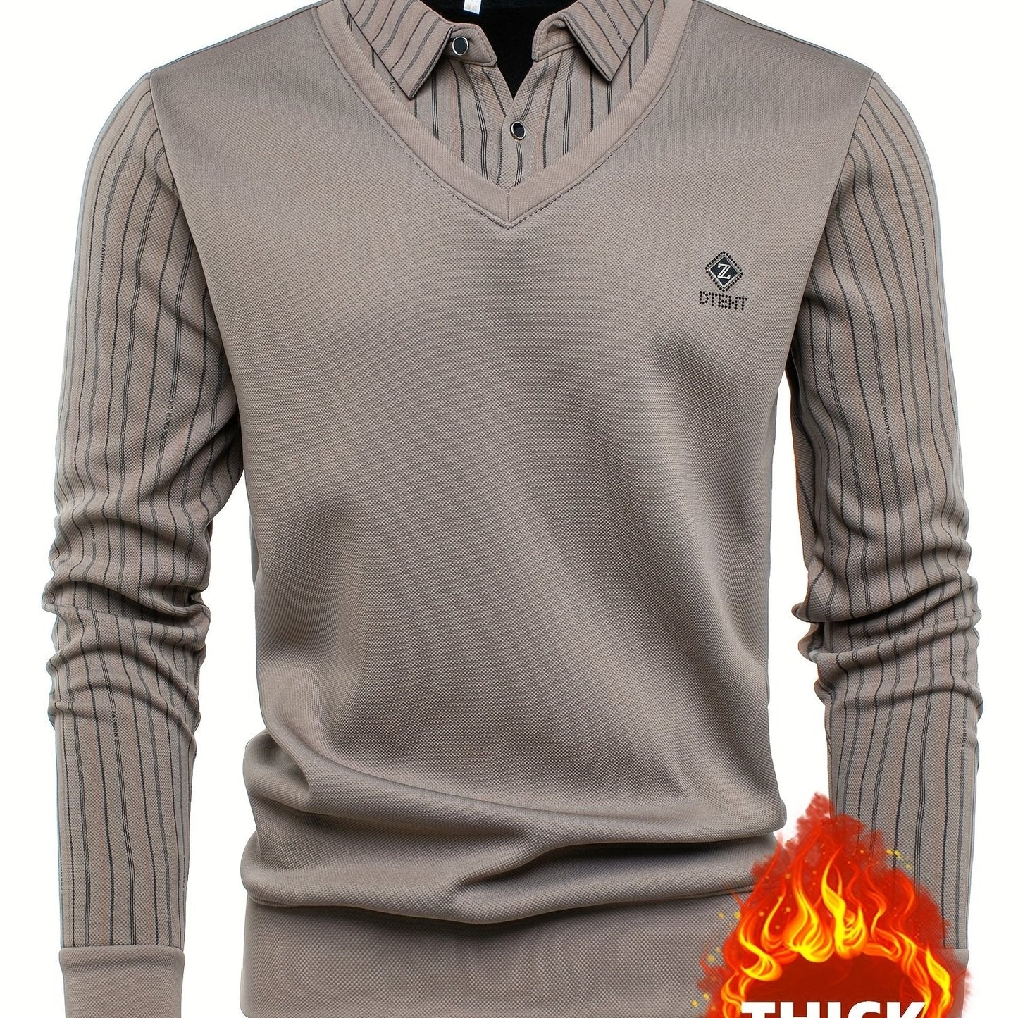 Men's long-sleeve shirt with a V-neck, sweater-style look, and striped sleeves