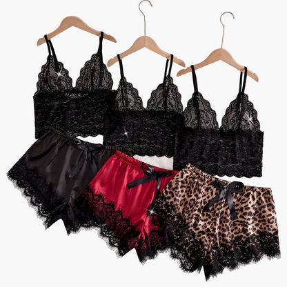 Women's Lace Pajama Set 3-Piece – Elegant Loungewear Set with Shorts, Ideal for Spring and Summer