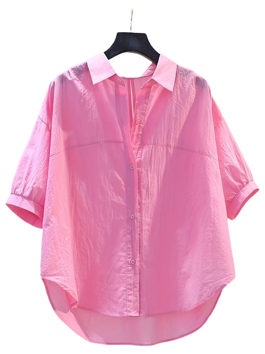 Women's Oversized Blouse Shirt with High-Low Hem and Short Sleeves – Fashionable Office and Casual Look