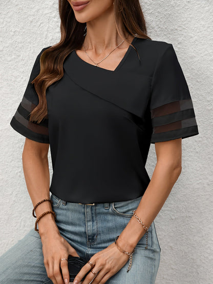 Women's blouse with asymmetrical neckline and floral pattern – Elegant summer look, casual and everyday wear