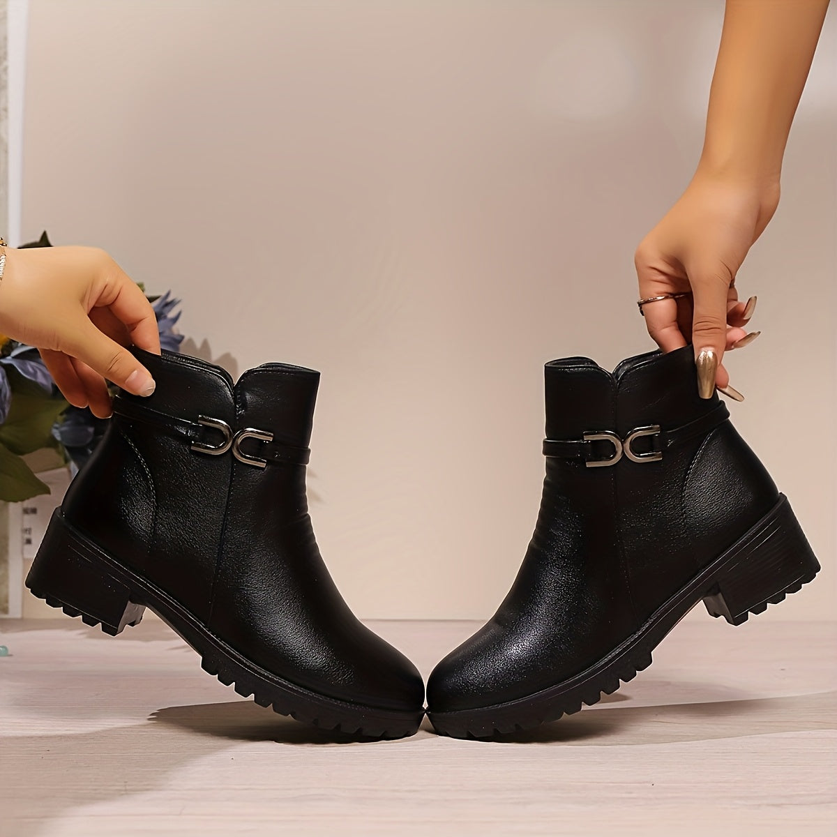 Women's ankle boots with decorative buckle and zip, lug sole, block heel