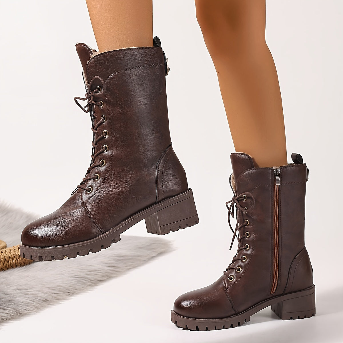 Women's brown lace-up boots with lining and lug soles