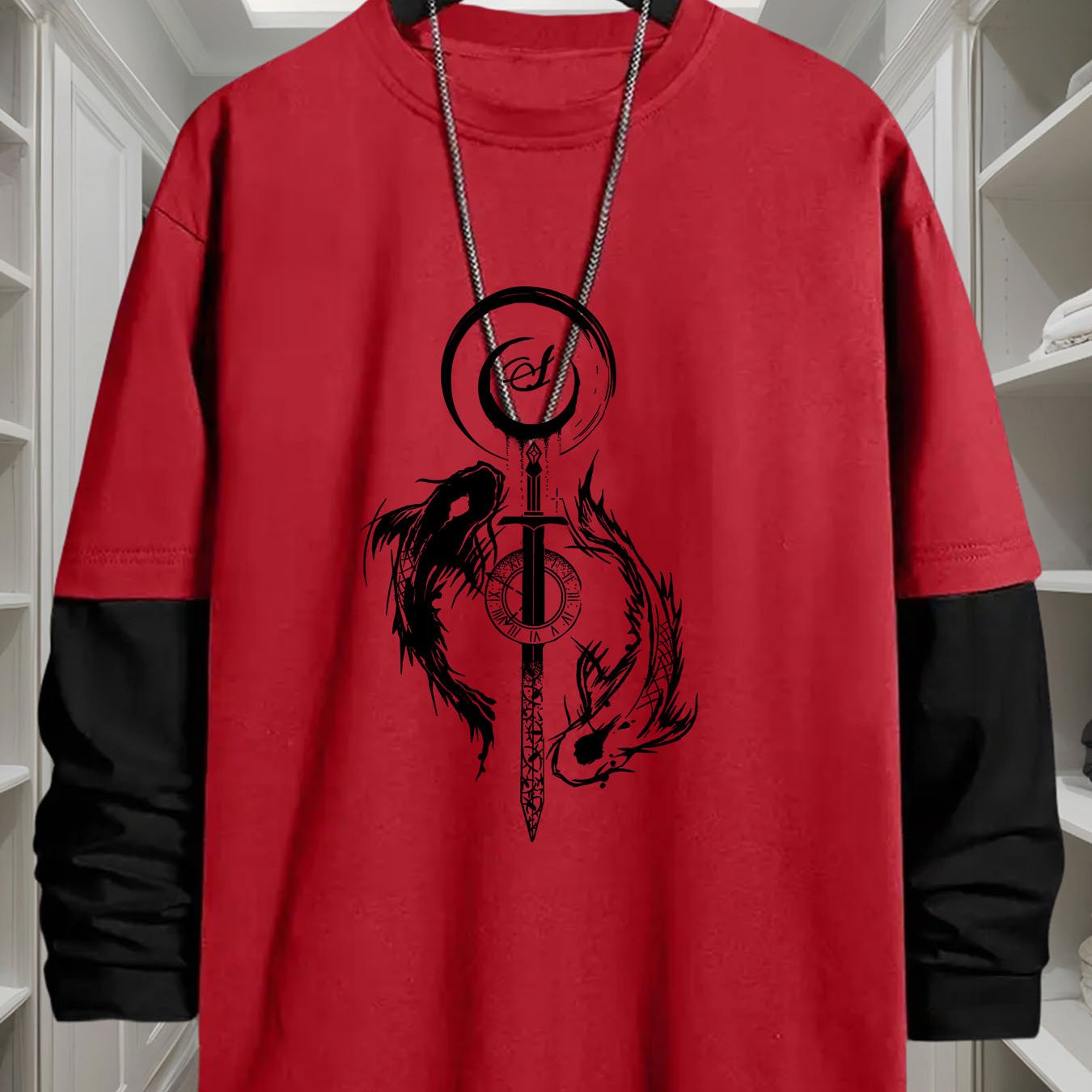 Unisex long-sleeve shirt with layered look, sword and fish graphic, black and white