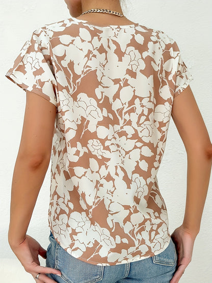 Women's Elegant Summer Blouse Shirt with Floral Pattern and V-Neck, Casual Wear