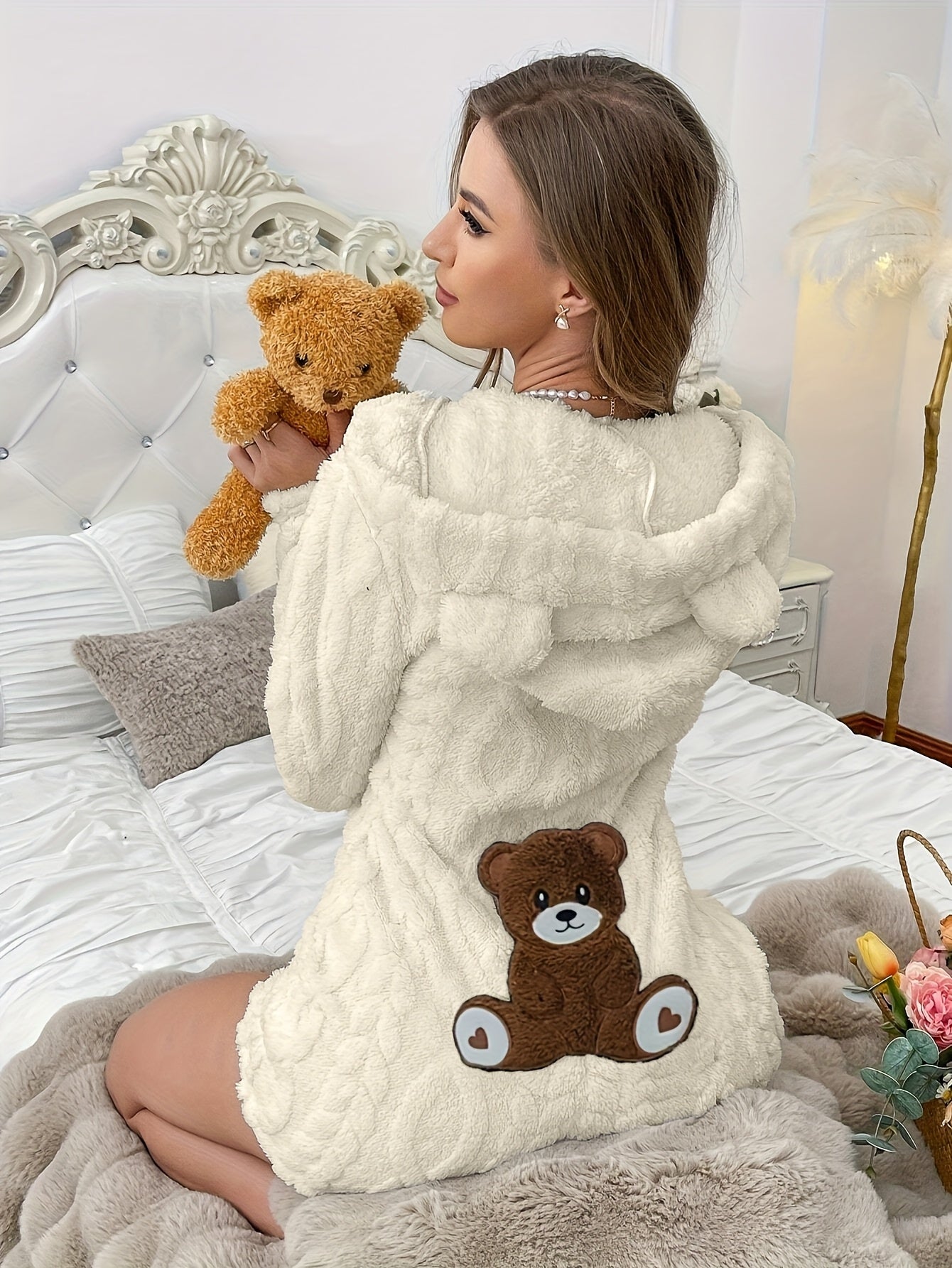 Women's plush hooded onesie pajamas with teddy bear design