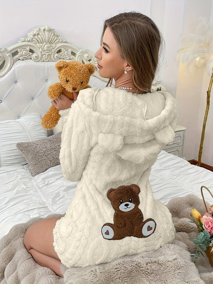 Women's plush hooded onesie pajamas with teddy bear design