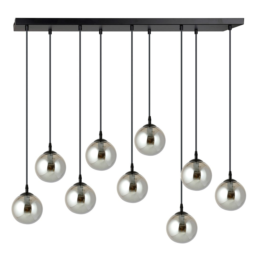 Hanglamp gepoedercoat staal en glas Cosmo, zwart met grafiet glazen kappen, 9 lichts, 104 x 120 cm, eettafel en zithoek