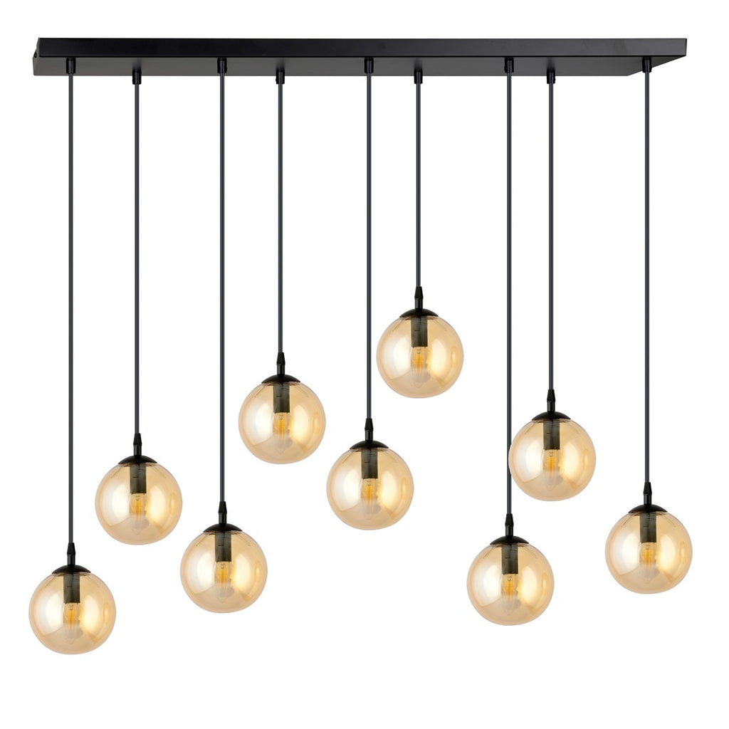 Hanglamp gepoedercoat staal en glas Cosmo, zwart met amber glazen kappen, 9 lichts, 104 x 120 cm, eettafel