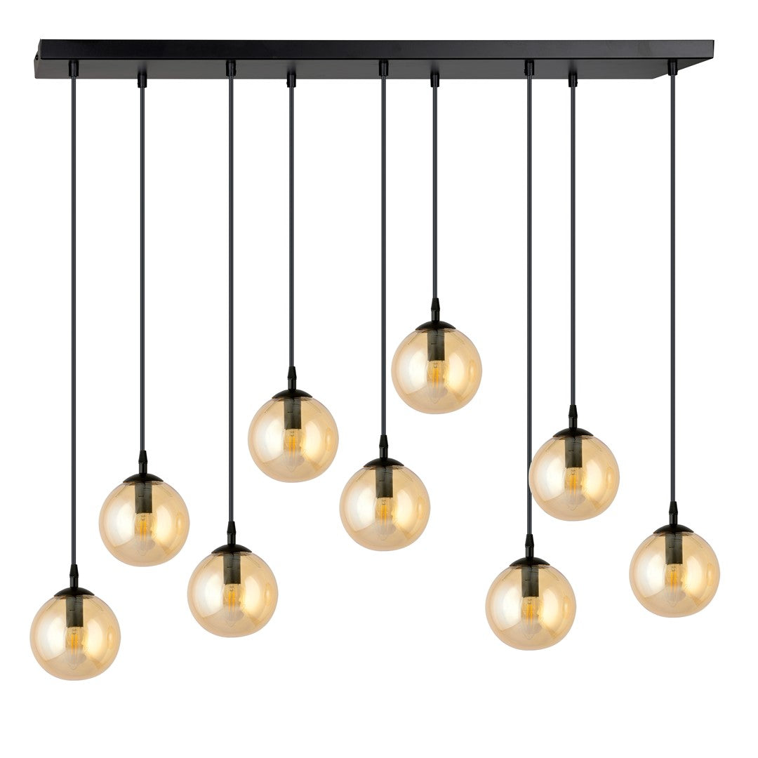 Hanglamp gepoedercoat staal en glas Cosmo, zwart met amber glazen kappen, 9 lichts, 104 x 120 cm, eettafel