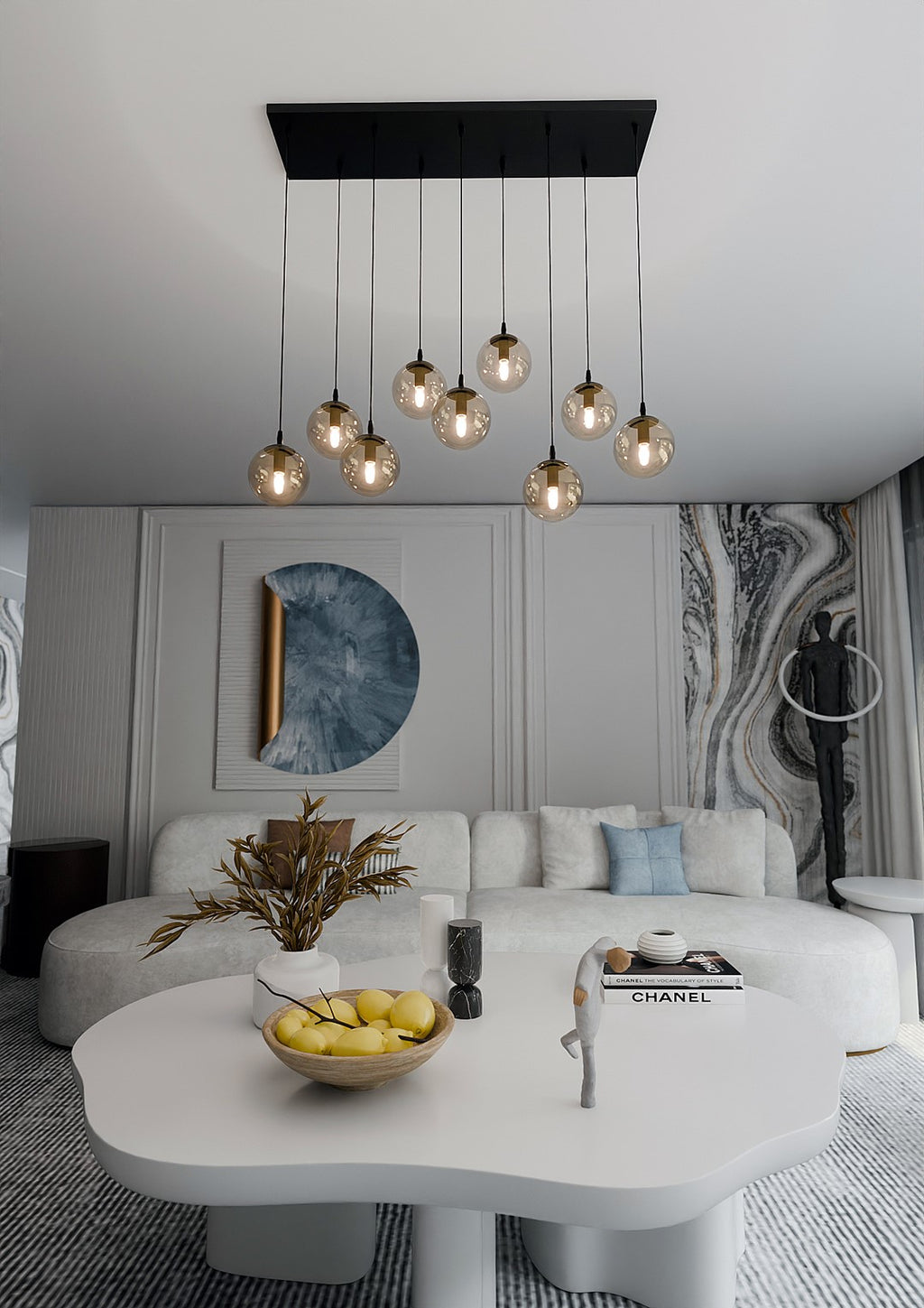 Hanglamp gepoedercoat staal en glas Cosmo, zwart met amber glazen kappen, 9 lichts, 104 x 120 cm, eettafel