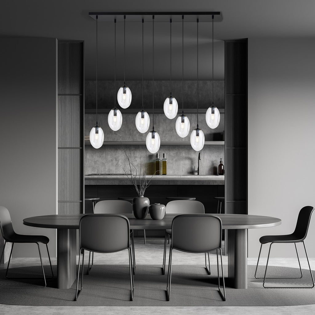 Hanglamp gepoedercoat staal en glas Astral, zwart met transparante kappen, 9 lichts, 100 x 100 cm, eettafel