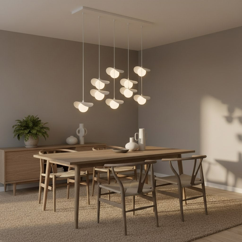 Hanglamp gepoedercoat staal Ritual modern wit, 9 lichtpunten, 100 x 32 x 120 cm, voor eettafel of kookeiland