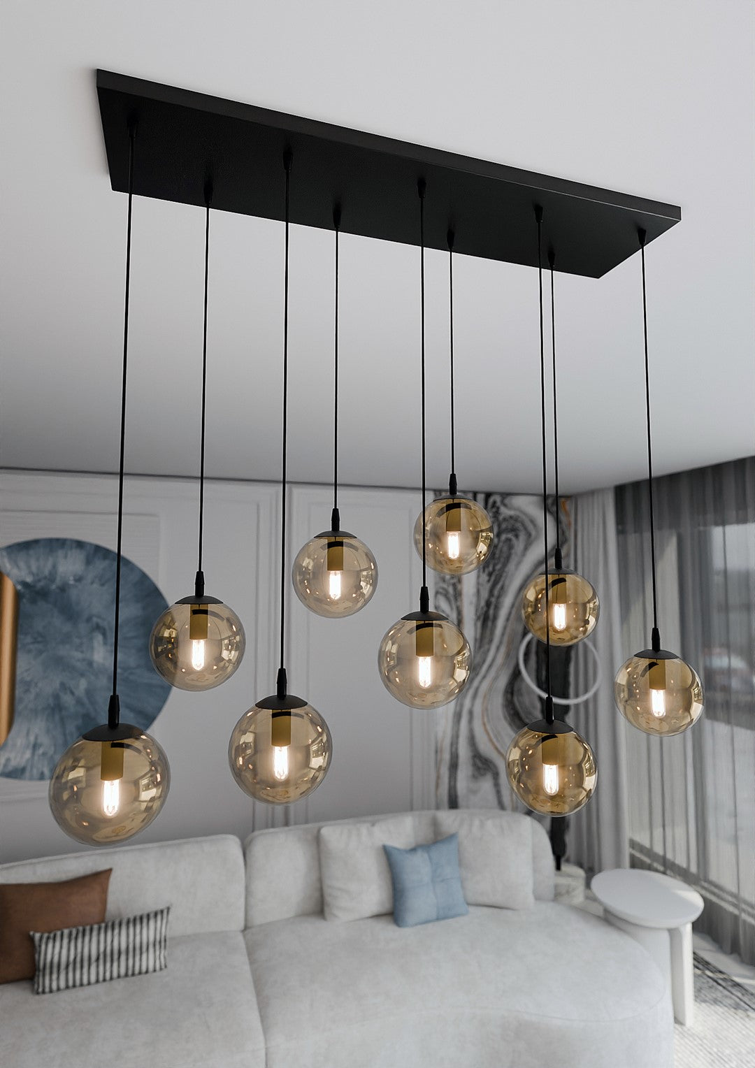 Hanglamp gepoedercoat staal en glas Cosmo, zwart met amber glazen kappen, 9 lichts, 104 x 120 cm, eettafel