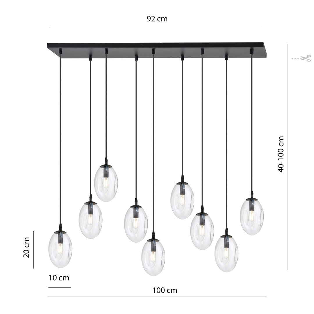 Hanglamp gepoedercoat staal en glas Astral, zwart met transparante kappen, 9 lichts, 100 x 100 cm, eettafel