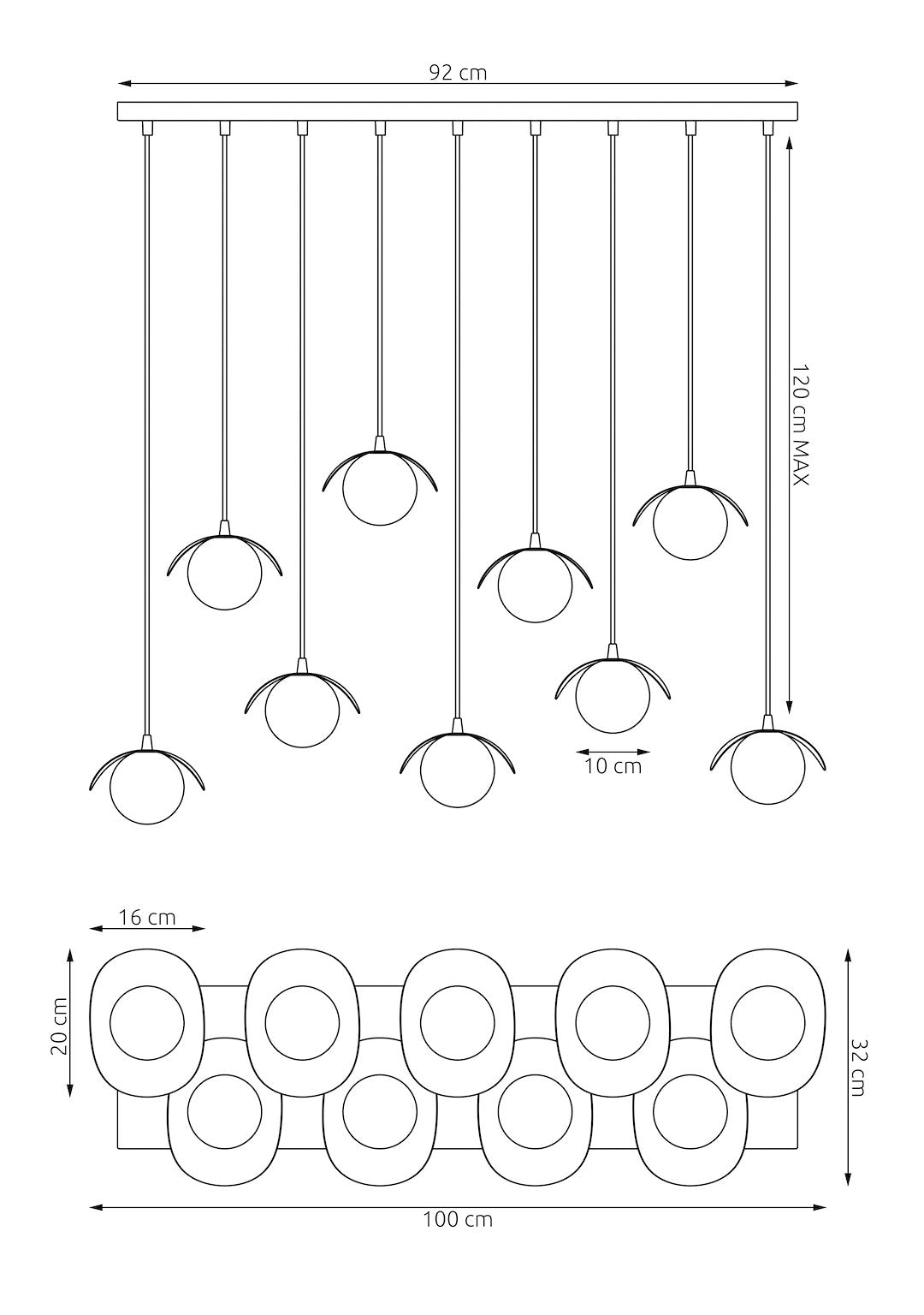 Hanglamp gepoedercoat staal Ritual modern wit, 9 lichtpunten, 100 x 32 x 120 cm, voor eettafel of kookeiland
