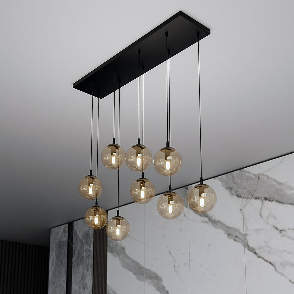 Hanglamp gepoedercoat staal en glas Cosmo, zwart met amber glazen kappen, 9 lichts, 104 x 120 cm, eettafel