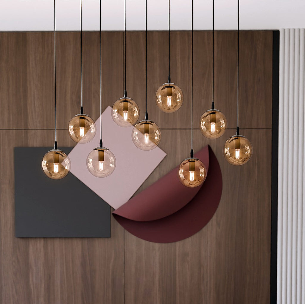 Hanglamp gepoedercoat staal en glas Cosmo, zwart met amber glazen kappen, 9 lichts, 104 x 120 cm, eettafel