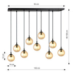 Hanglamp gepoedercoat staal en glas Cosmo, zwart met amber glazen kappen, 9 lichts, 104 x 120 cm, eettafel