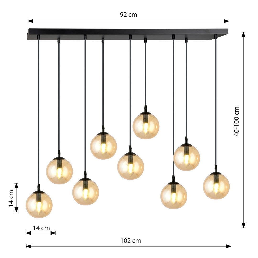 Hanglamp gepoedercoat staal en glas Cosmo, zwart met amber glazen kappen, 9 lichts, 104 x 120 cm, eettafel