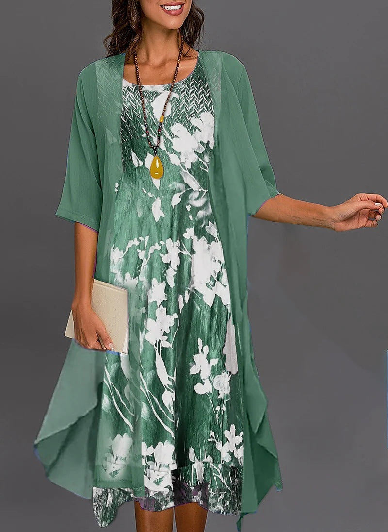 Women's Elegant Two-Piece Chiffon A-Line Midi Dress Set Festive & Casual