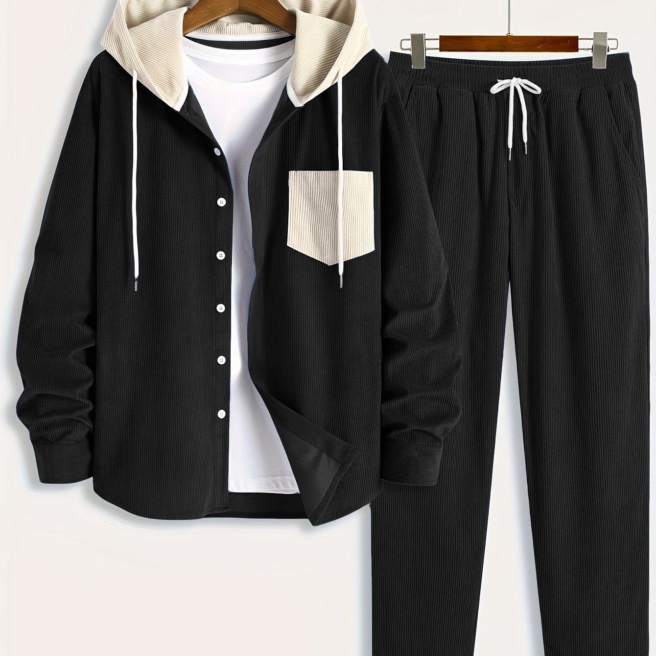 Cord-Zweiteiler Herren, Hemd-Jacke mit Kapuze & Hose