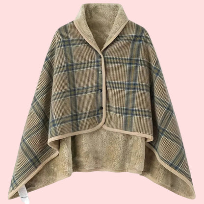 Women's Plaid Snap Button Fleece-Lined Poncho Cape