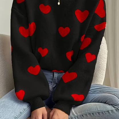 Women's sweater with heart pattern, crew neck, long-sleeve knit sweater