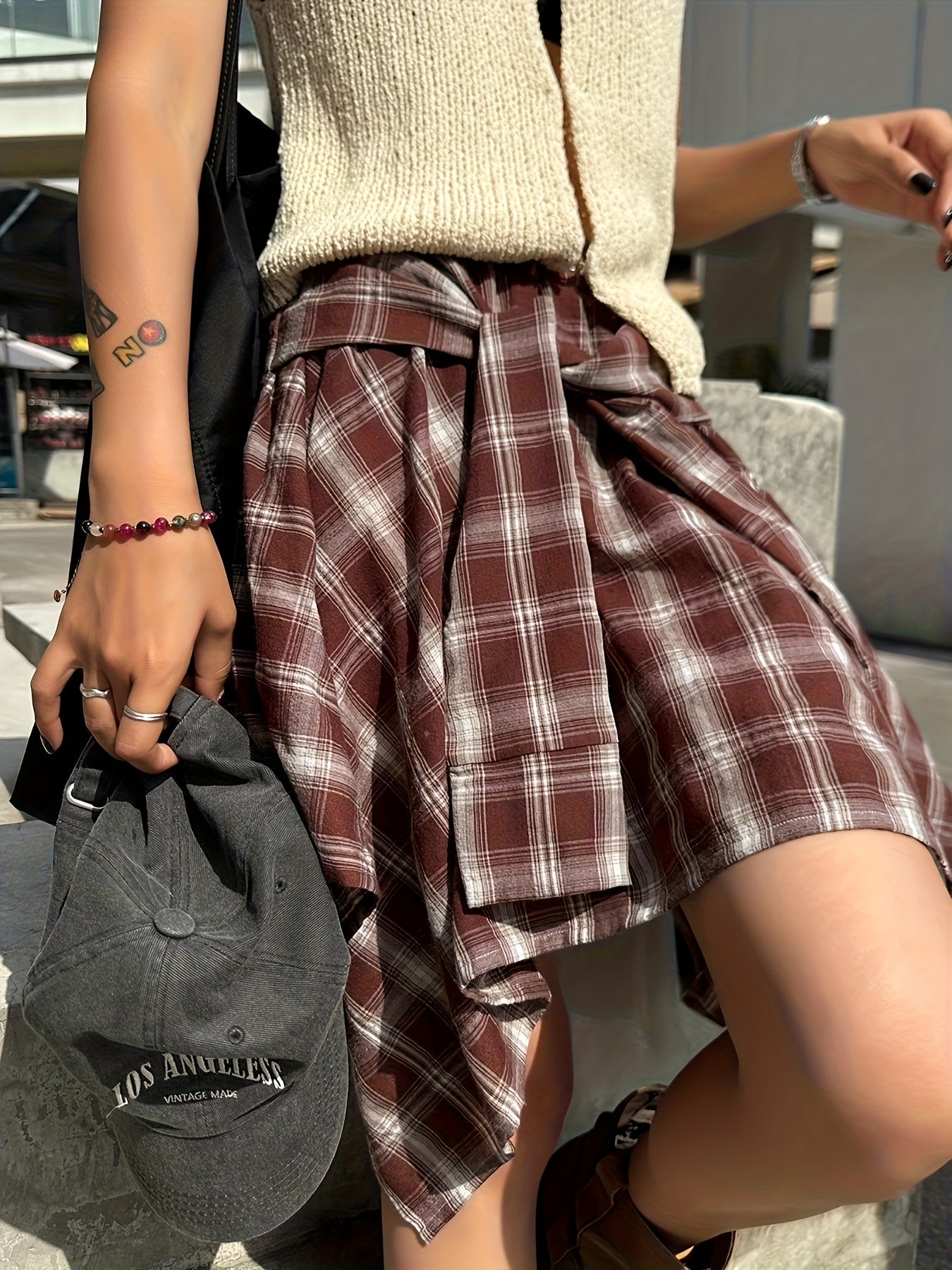 Women's Asymmetric Street-Style Skirt with Checkered Pattern and Knot Detail – Urban Casual Look