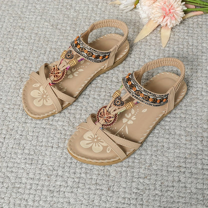 Women's Boho Sandals with Decorative Jewelry and Elastic Ankle Strap – Comfortable Summer Shoes for Casual Wear and Vacation