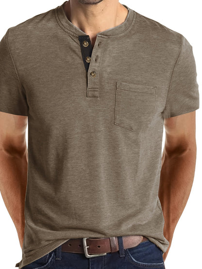 Herren Henley T-Shirt Kurzarm Casual Freizeitshirt mit Knopfleiste und Brusttasche