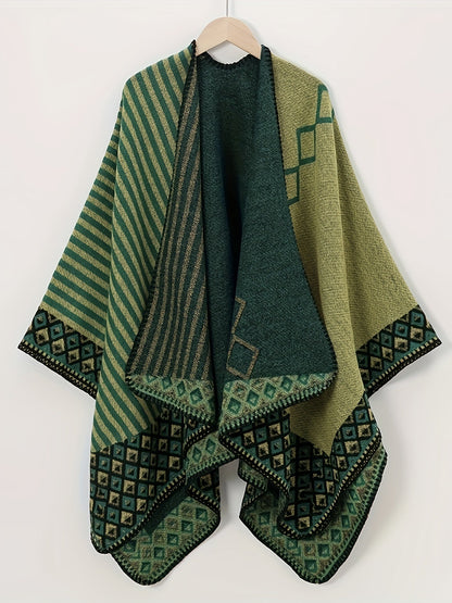 Women’s Reversible Green Patterned Elegant Poncho