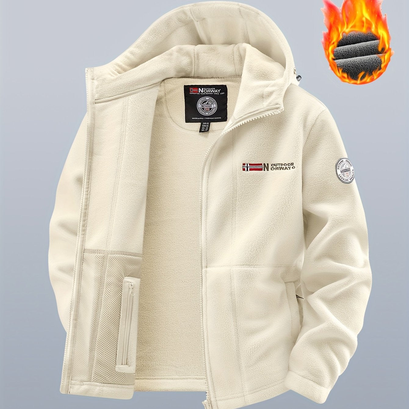 Thermo Fleecejacke mit Kapuze für Herren, durchgehender Reißverschluss